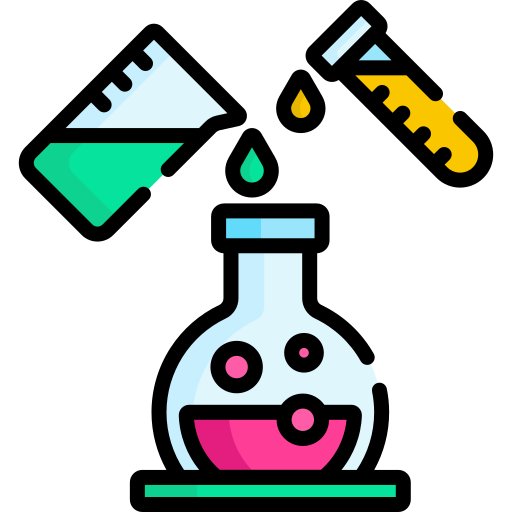 Illustration showing a liquid being poured in a glass bowl with a test tube and a glass beaker.