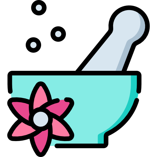 A simplified icon depicting a light blue mortar and pestle with a pink flower on the side,