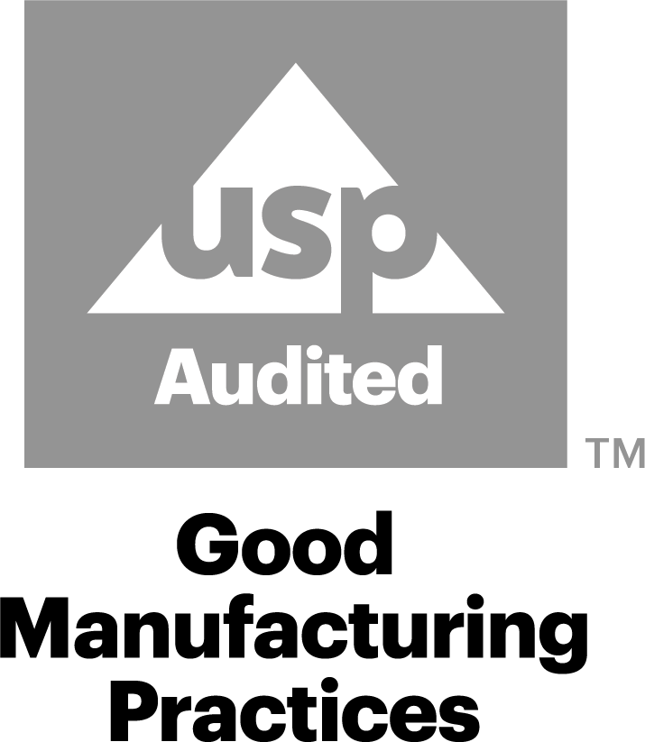 USP Audit GMP certification logo in gray on a transparent background. USP Audit GMP certification logo in gray on a transparent background.